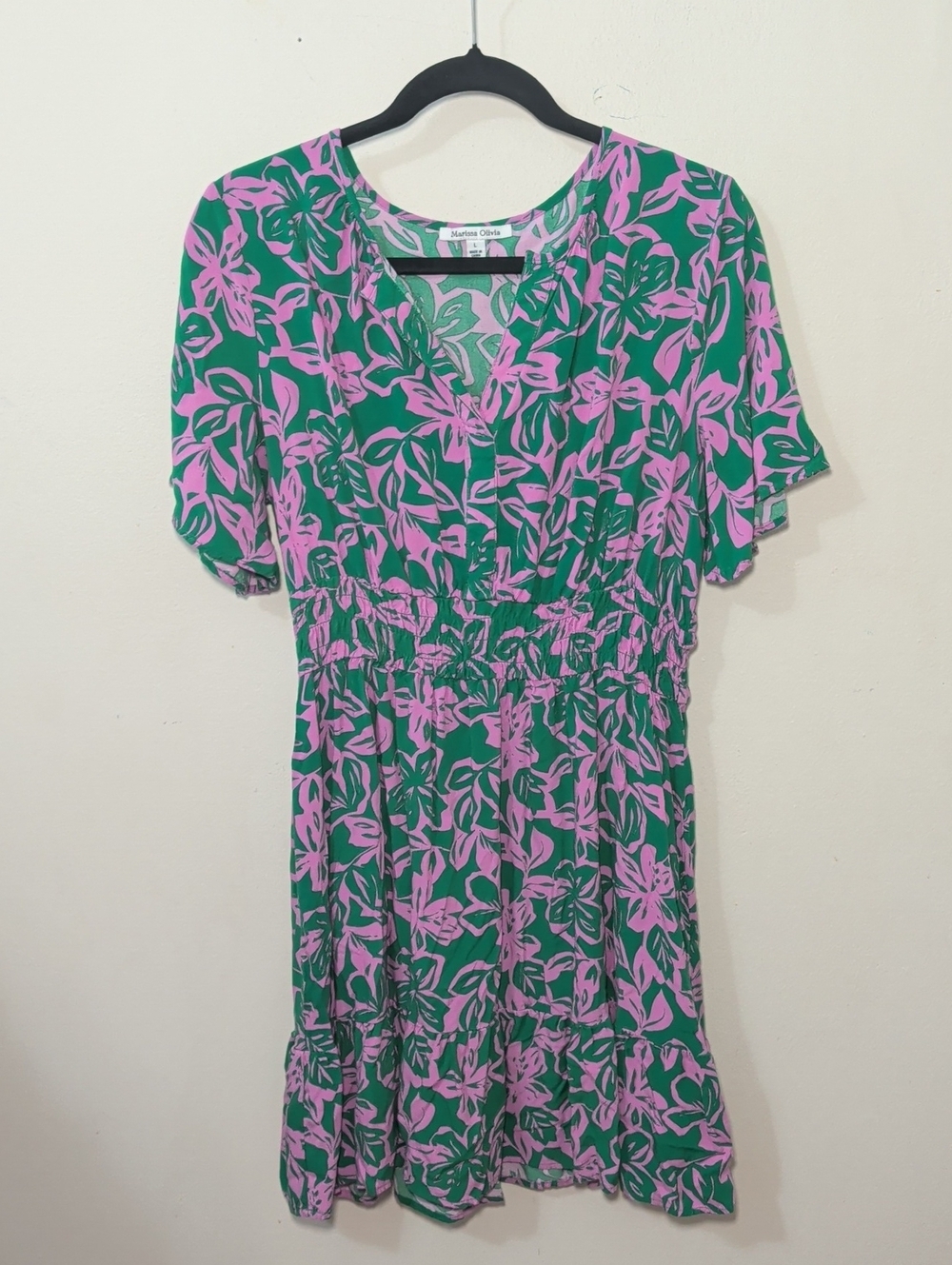 Marissa Olivia Floral Pink & Green Dress V-Neck Ruffle Hem Summer Women's Size L